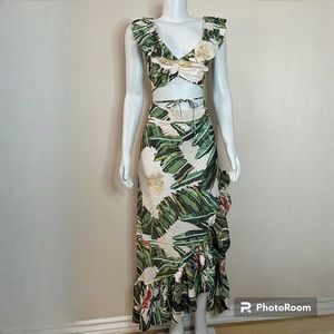 Green multi smocked back ruched crop top split thigh midi skirt set